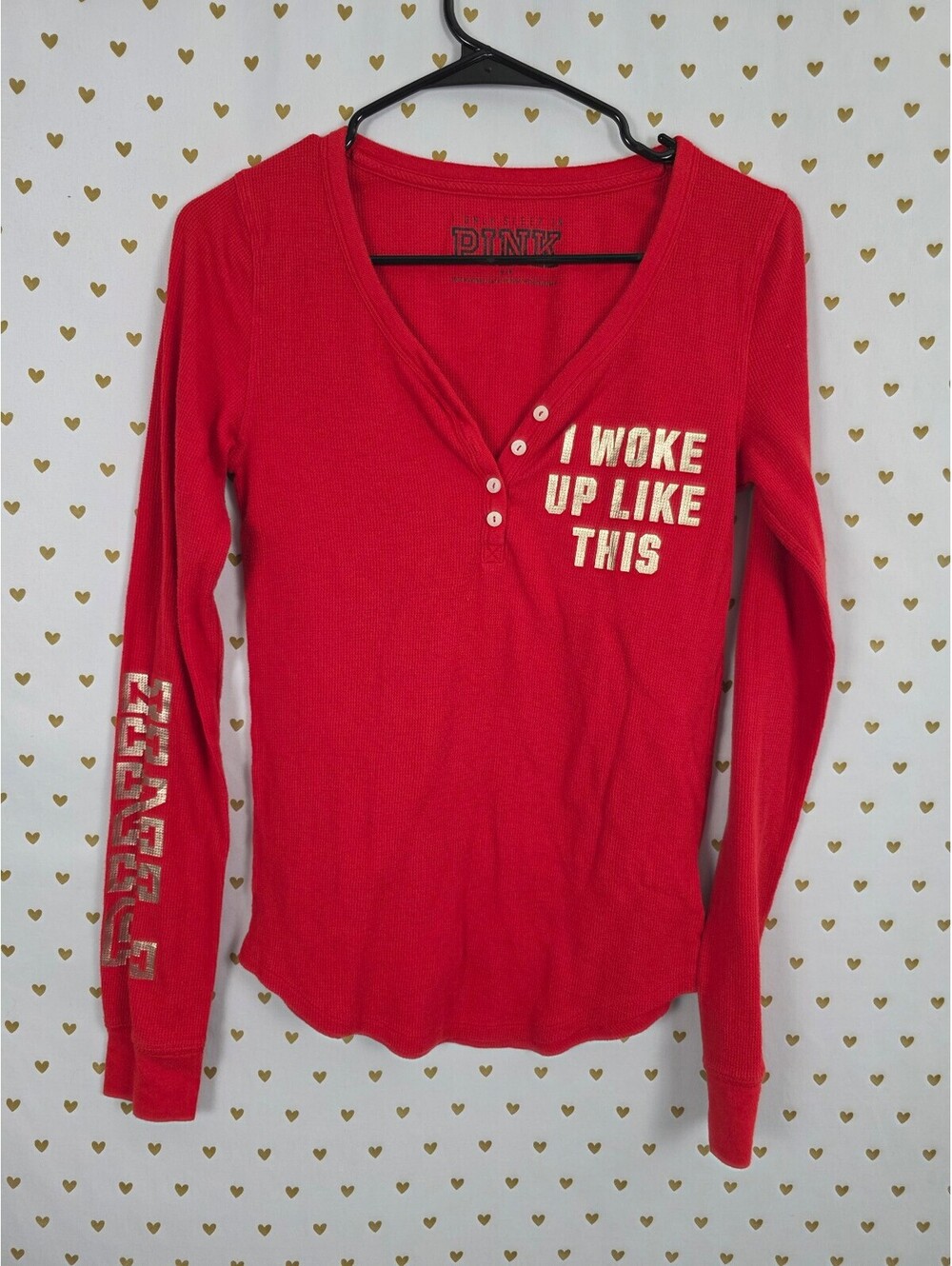 Victorias Secret PINK I Woke Up Like This Red Logo Henley Thermal Shirt Medium